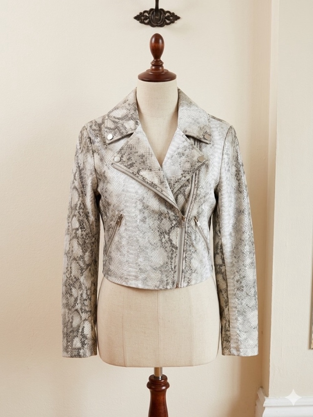 Dynamite Snake-Print Faux Leather Moto Jacket - Gray